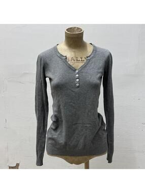 Vtg Y2K Camaïeu Grey Knit Henley Long Sleeve Notched Neck Office Siren S